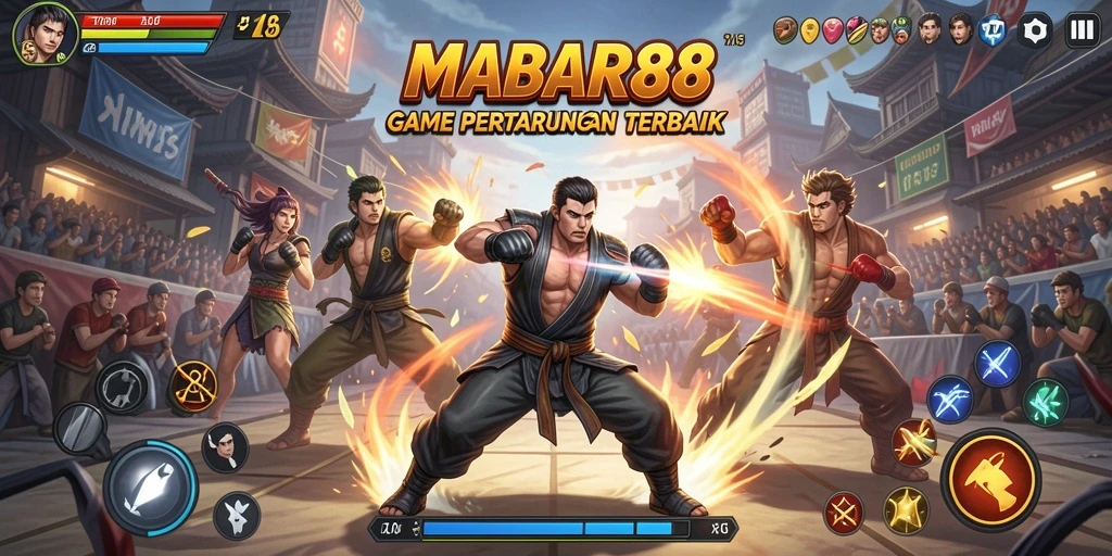 Tampilan gameplay MABAR88 menampilkan karakter bertarung dalam arena yang dinamis.