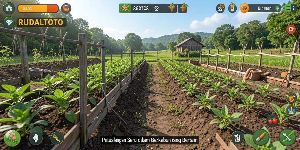 Tampilan gameplay RUDALTOTO dengan kebun yang menawan dan beragam tanaman.